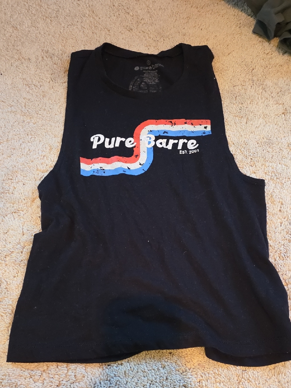 Pure Barre Black Sleeveless Tank with Red, White & Blue Retro Stripe